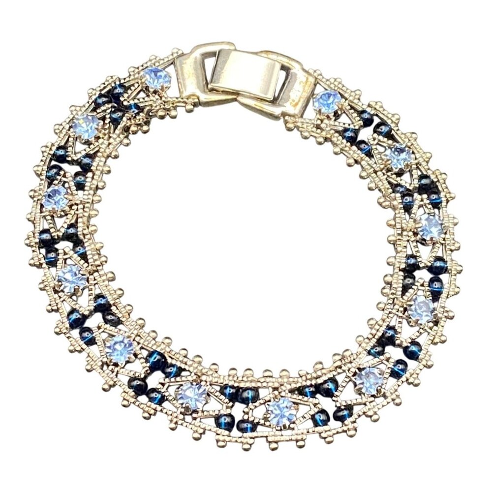 Vintage Silver Tone Faux Blue Sapphire Bracelet Filigree Bead  7" Art Deco Style
